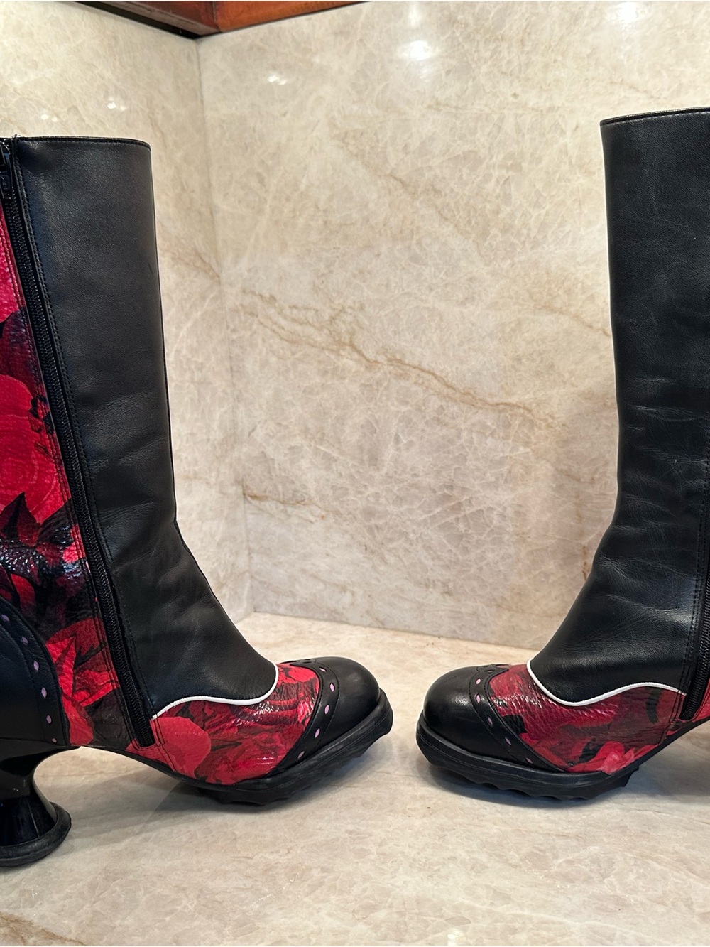 Fluevog Babycakes. Black and Red Floral — Women's Statement Boots - Picture 6 of 12